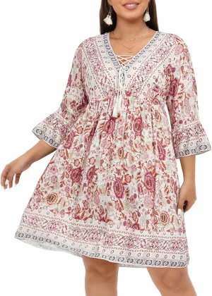 Women's Plus Size Boho Dress Floral V Neck Tassel Bell Sleeve Casual Summer Beach Flowy Mini Dress