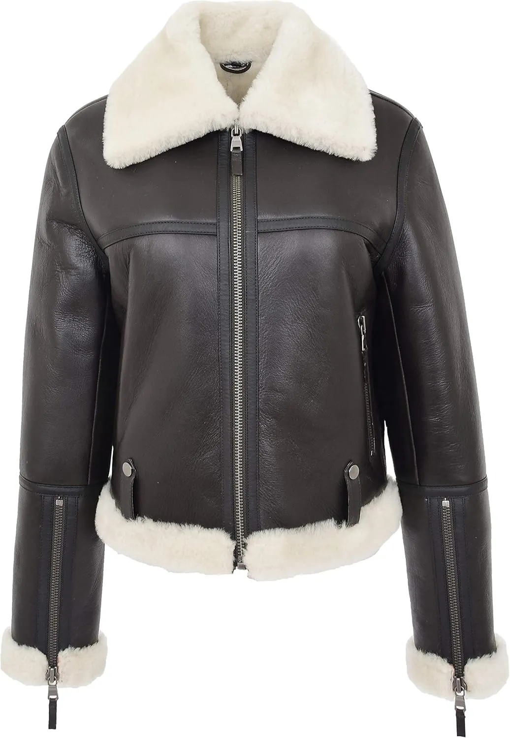 Womens Real Sheepskin Flying Jacket Aviator Pilot RAF Style Elsie Brown White