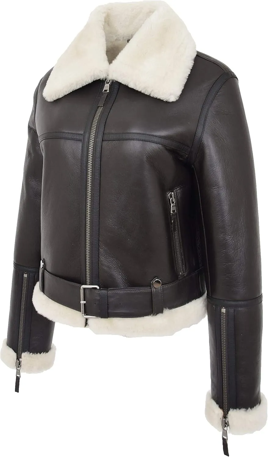 Womens Real Sheepskin Flying Jacket Aviator Pilot RAF Style Elsie Brown White