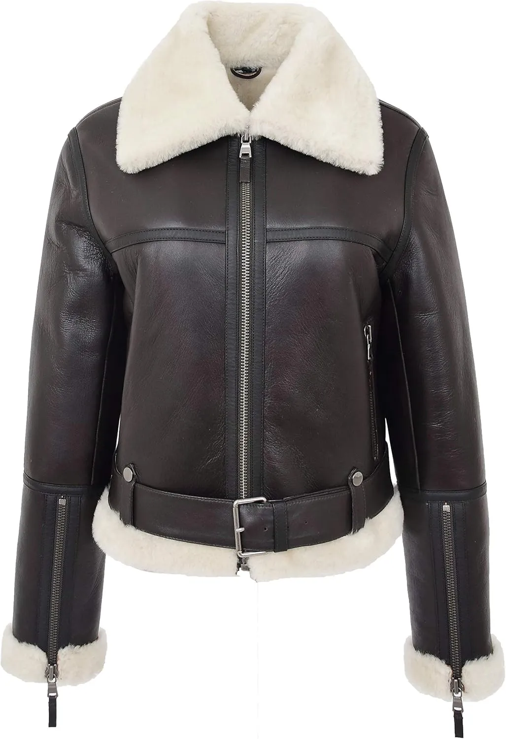 Womens Real Sheepskin Flying Jacket Aviator Pilot RAF Style Elsie Brown White