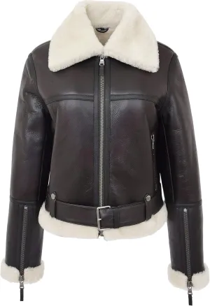 Womens Real Sheepskin Flying Jacket Aviator Pilot RAF Style Elsie Brown White