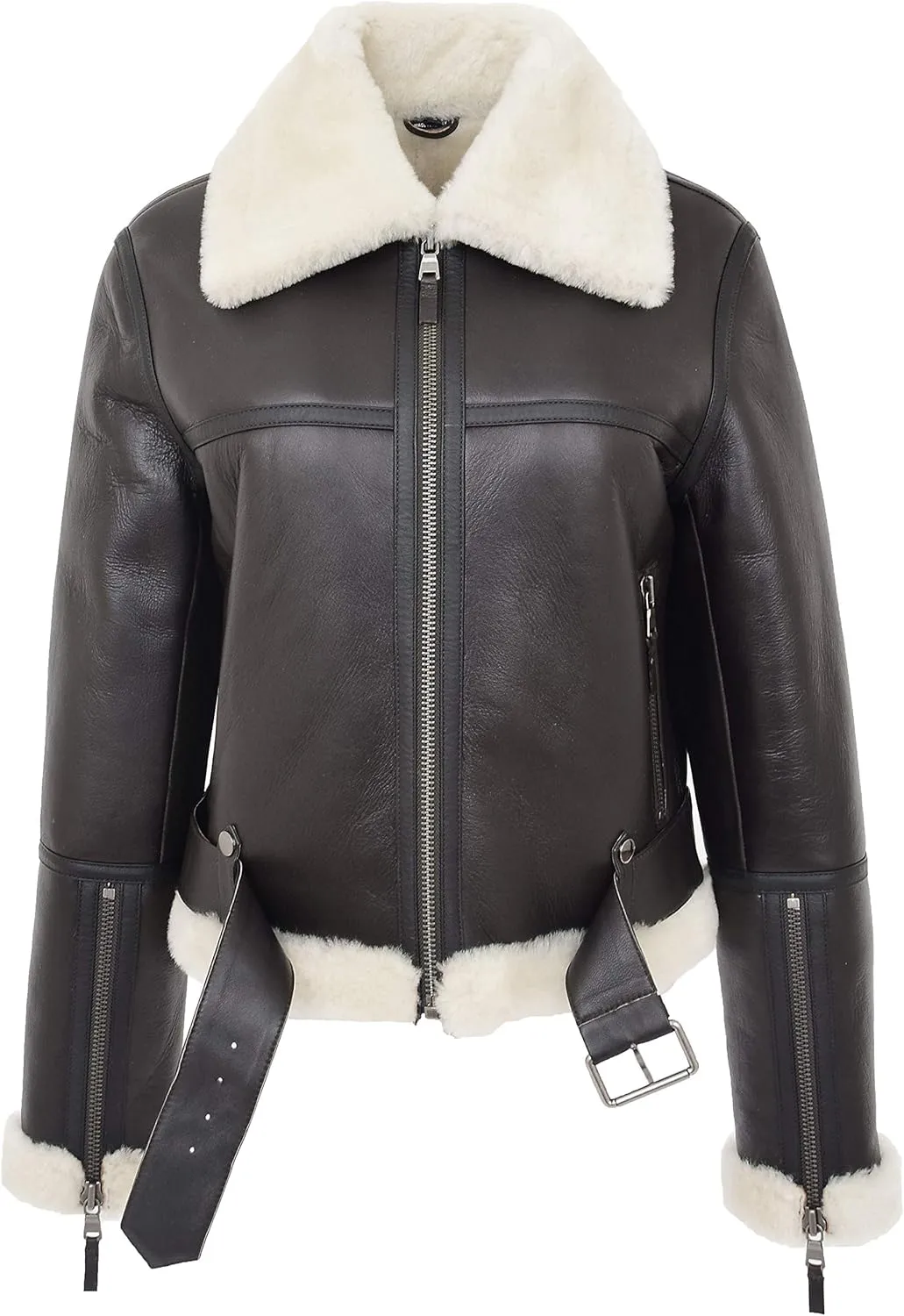 Womens Real Sheepskin Flying Jacket Aviator Pilot RAF Style Elsie Brown White