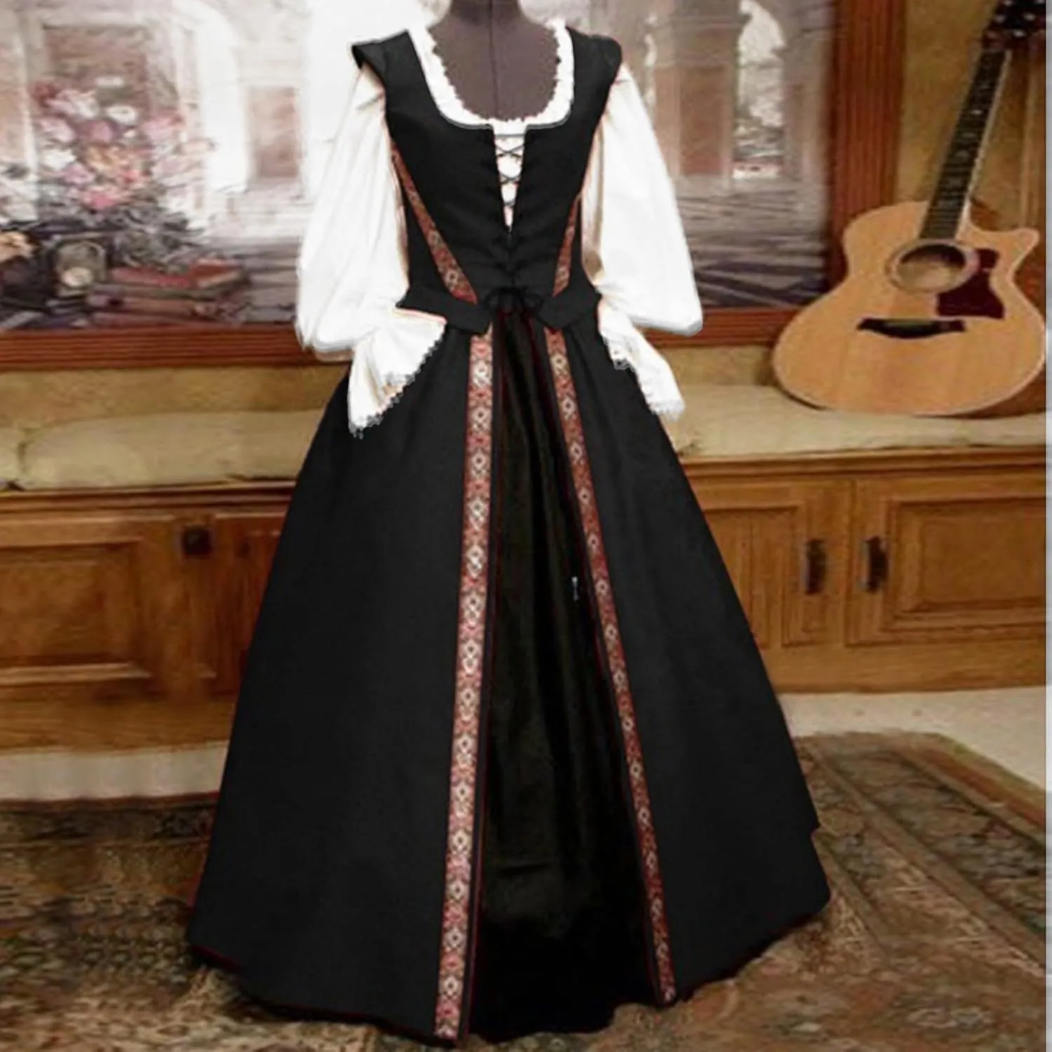 Womens Renaissance Dress 2023 Trendy Ruffle Bell Sleeve Square Neck Tie Up Dress Classic Vintage Victorian Dress