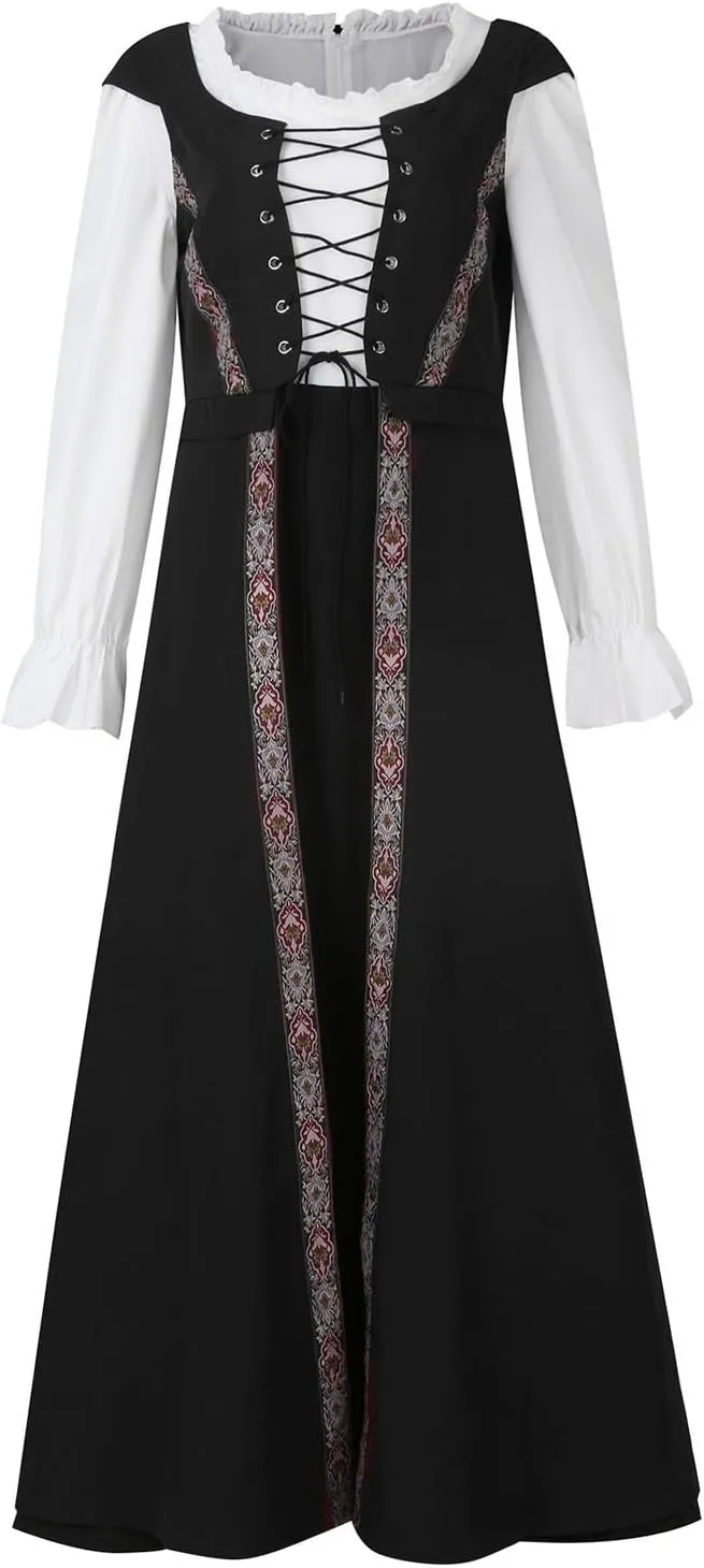 Womens Renaissance Dress 2023 Trendy Ruffle Bell Sleeve Square Neck Tie Up Dress Classic Vintage Victorian Dress