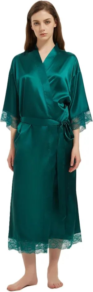 Women's Satin Robe Long Silk Kimono Bathrobe Lace Trim Bride Bridesmaid Robes Wedding Party Sleepwear Loungewear