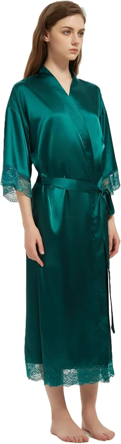 Women's Satin Robe Long Silk Kimono Bathrobe Lace Trim Bride Bridesmaid Robes Wedding Party Sleepwear Loungewear