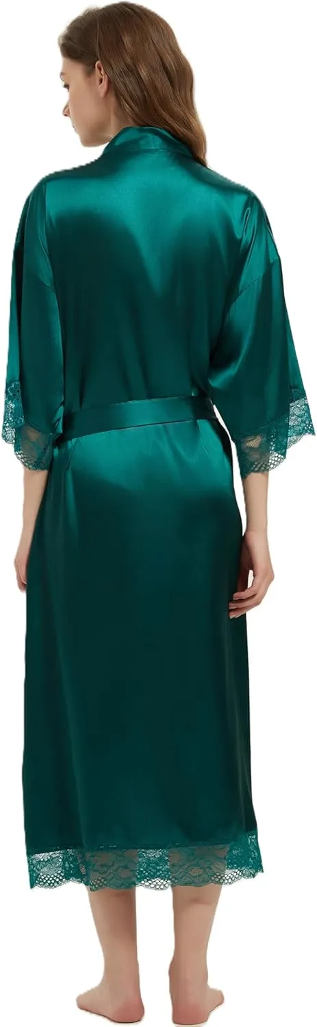 Women's Satin Robe Long Silk Kimono Bathrobe Lace Trim Bride Bridesmaid Robes Wedding Party Sleepwear Loungewear