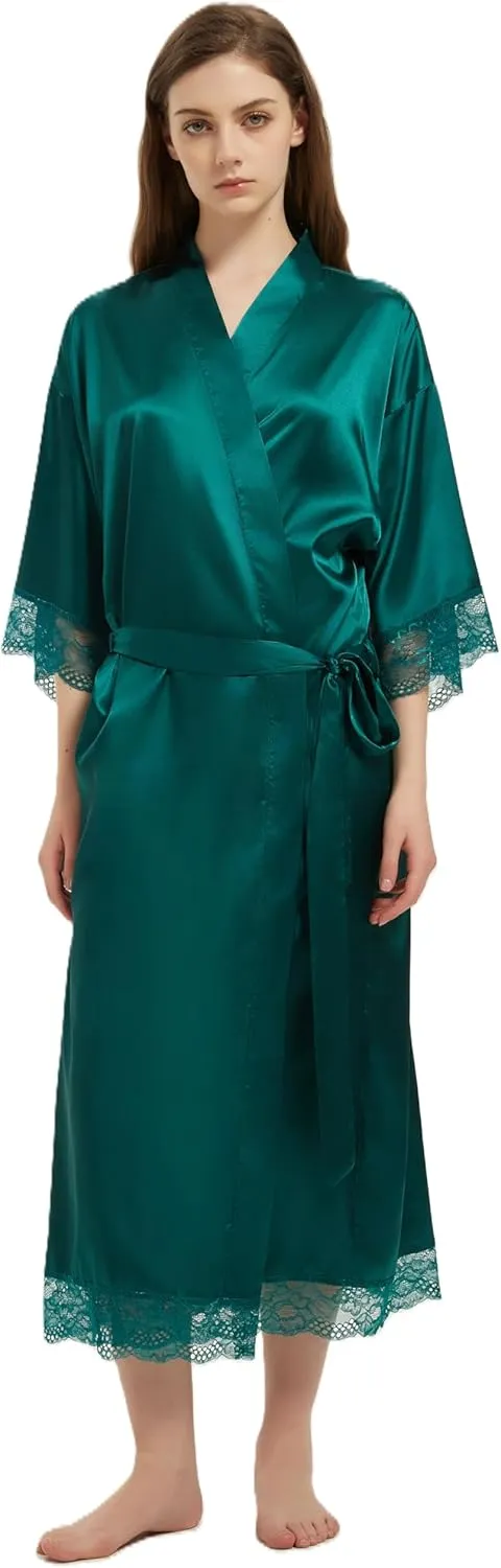 Women's Satin Robe Long Silk Kimono Bathrobe Lace Trim Bride Bridesmaid Robes Wedding Party Sleepwear Loungewear