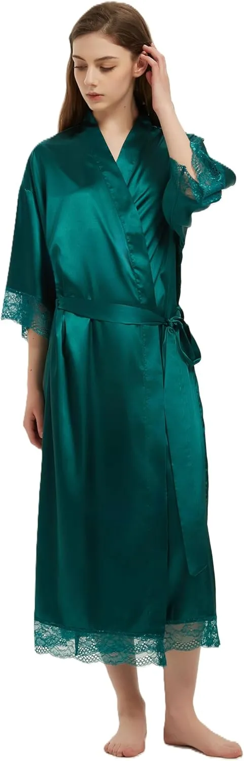 Women's Satin Robe Long Silk Kimono Bathrobe Lace Trim Bride Bridesmaid Robes Wedding Party Sleepwear Loungewear