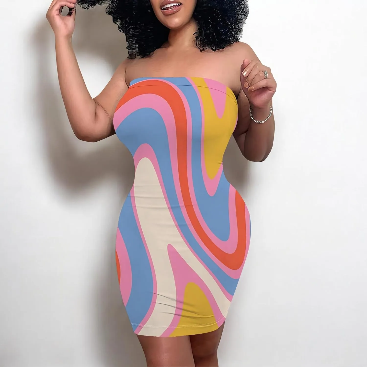 Women's Sexy Strapless Mini Dresses Bodycon Sleeveless Tube Top Floral Print Fitted Cocktail Club Party Formal Dress