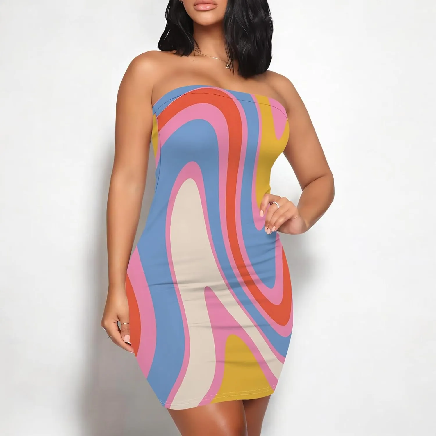 Women's Sexy Strapless Mini Dresses Bodycon Sleeveless Tube Top Floral Print Fitted Cocktail Club Party Formal Dress