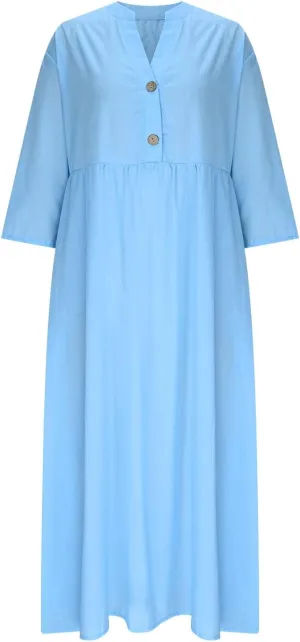 Womens Short Sleeve V Neck Button Shirt Dresses Summer Loose Lightweight Casual A-Line Beach Vacation Maxi Long Dress
