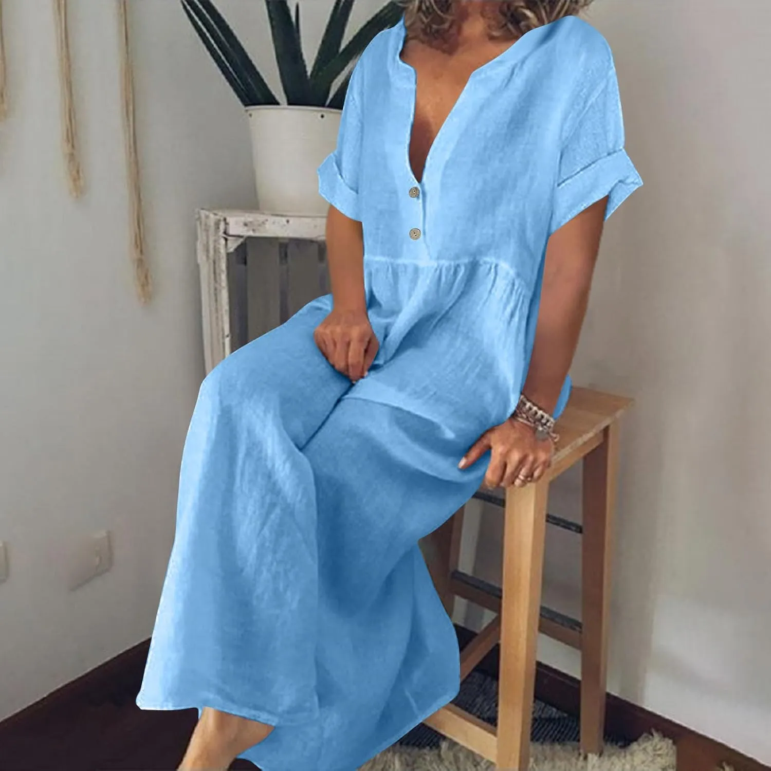 Womens Short Sleeve V Neck Button Shirt Dresses Summer Loose Lightweight Casual A-Line Beach Vacation Maxi Long Dress