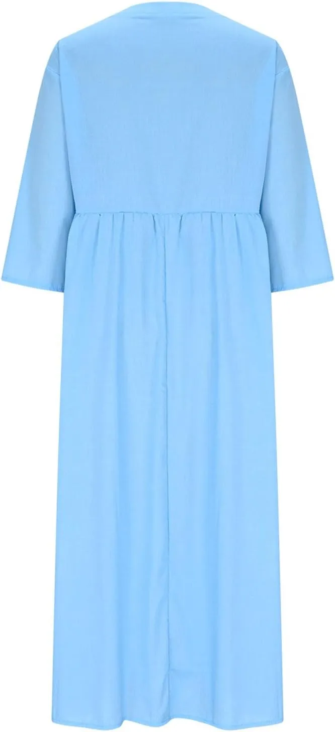 Womens Short Sleeve V Neck Button Shirt Dresses Summer Loose Lightweight Casual A-Line Beach Vacation Maxi Long Dress
