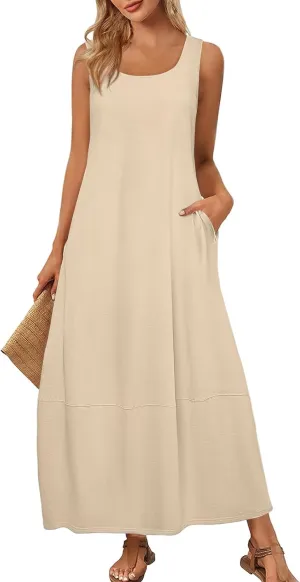 Women's Sleeveless Maxi Casual Loose Fit Long Sundress with Pockets for Summer Beach Vacation