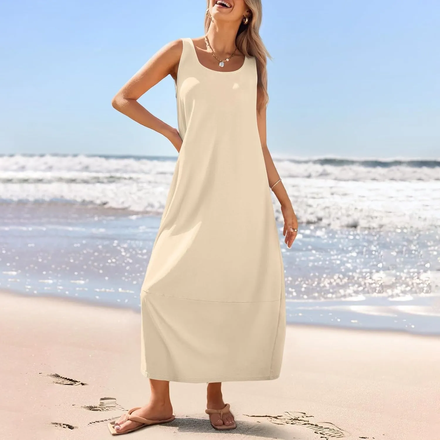 Women's Sleeveless Maxi Casual Loose Fit Long Sundress with Pockets for Summer Beach Vacation