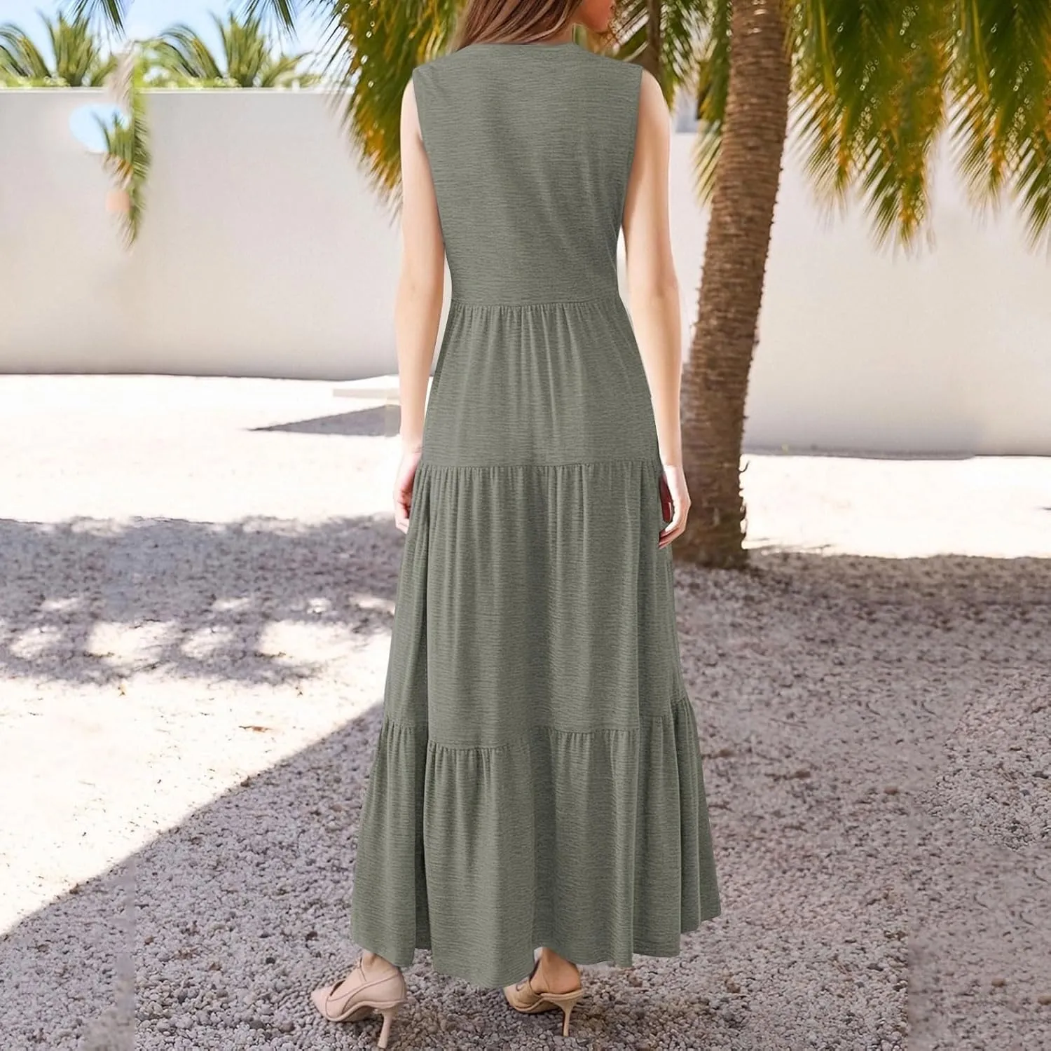 Women's Sleeveless V-Neck Tiered Maxi Dress Elegant Summer Casual Loose Fit with Pockets Perfect for Beach & Party