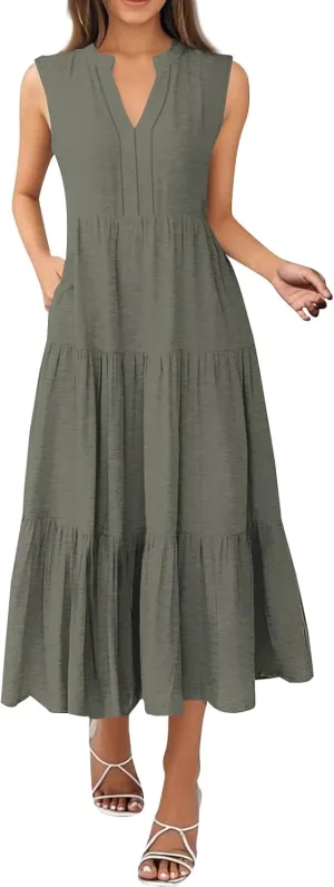 Women's Sleeveless V-Neck Tiered Maxi Dress Elegant Summer Casual Loose Fit with Pockets Perfect for Beach & Party