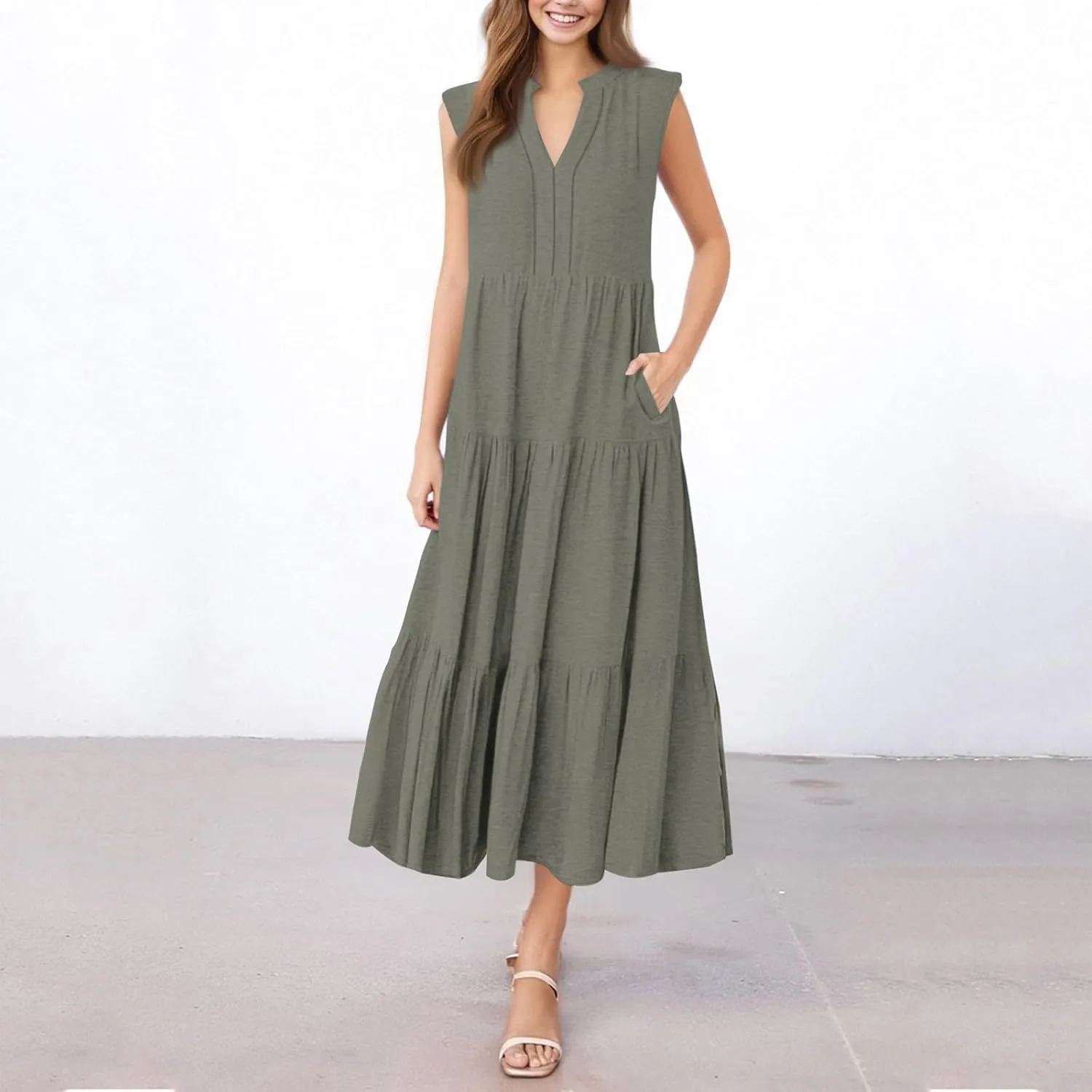 Women's Sleeveless V-Neck Tiered Maxi Dress Elegant Summer Casual Loose Fit with Pockets Perfect for Beach & Party