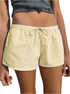 Women's Striped Print Drawstring Elastic Waist Shorts Casual Wide Leg Low Rise Summer Boxer Shorts