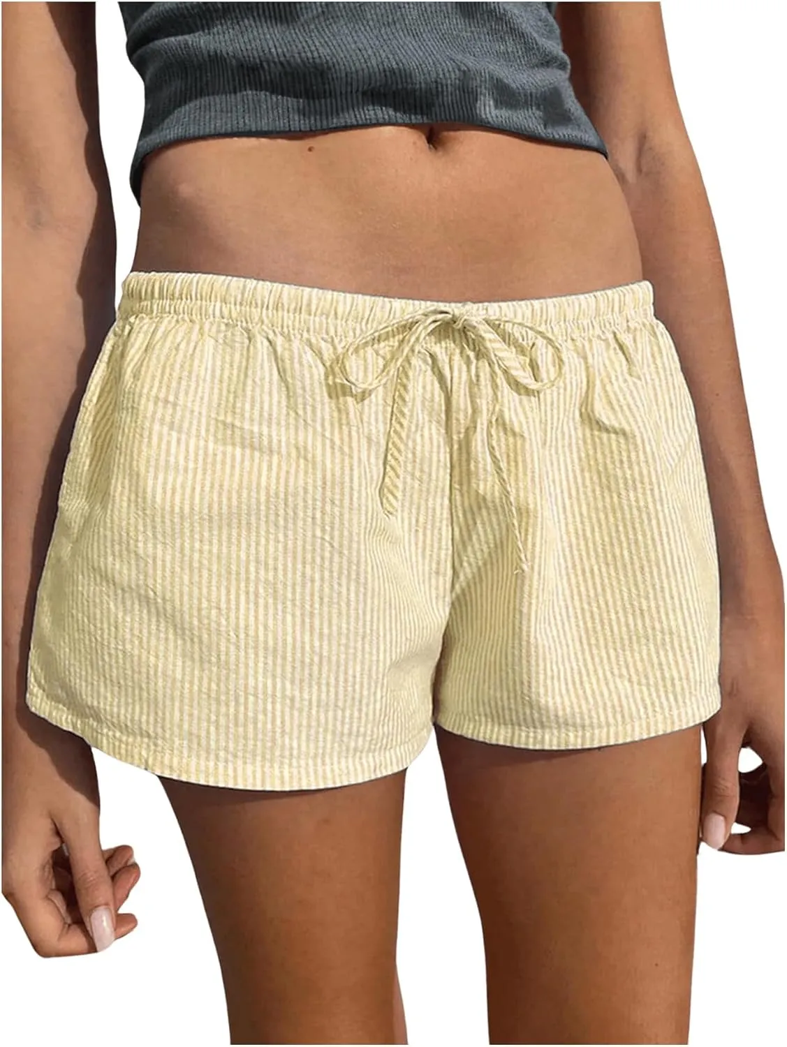 Women's Striped Print Drawstring Elastic Waist Shorts Casual Wide Leg Low Rise Summer Boxer Shorts
