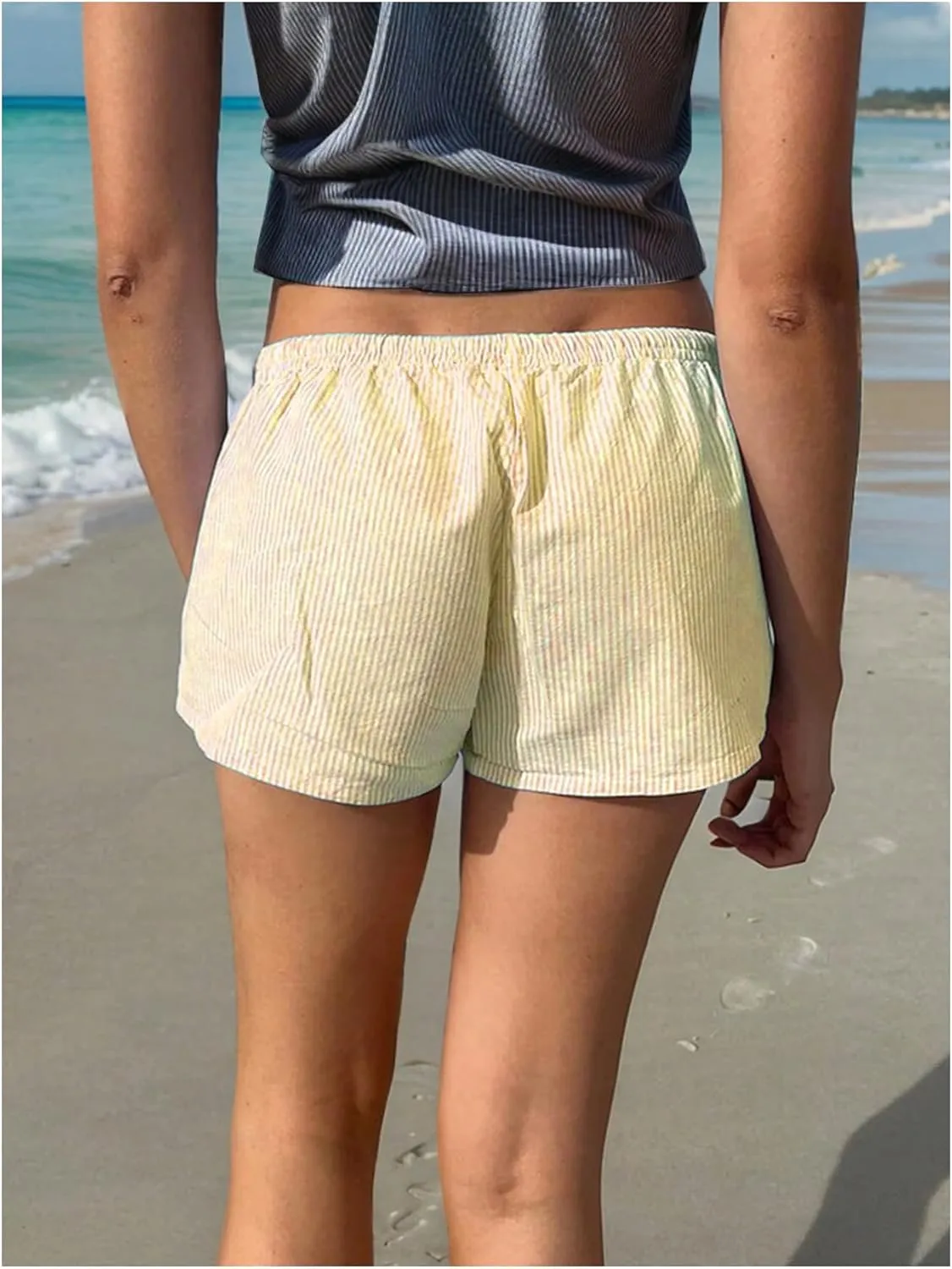 Women's Striped Print Drawstring Elastic Waist Shorts Casual Wide Leg Low Rise Summer Boxer Shorts