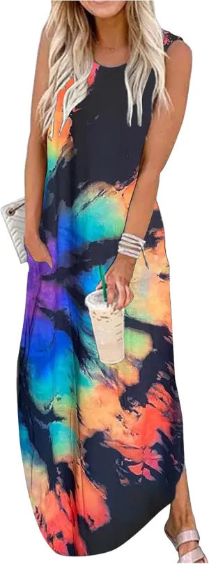 Women's Summer Beach Long Dress Sleeveless Maxi Dress with Pockets Hawaiian Beach Rainbow Graphics Tank Shirt Dresses