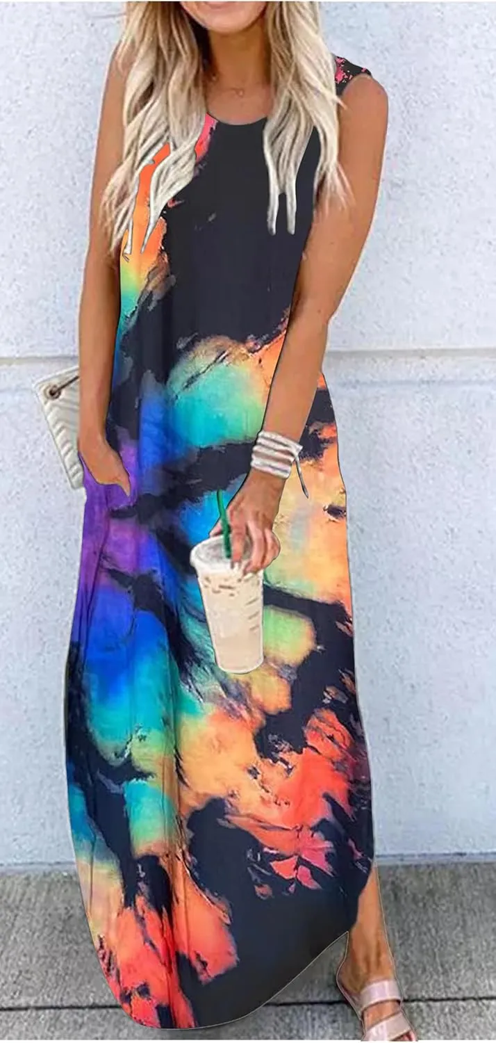 Women's Summer Beach Long Dress Sleeveless Maxi Dress with Pockets Hawaiian Beach Rainbow Graphics Tank Shirt Dresses