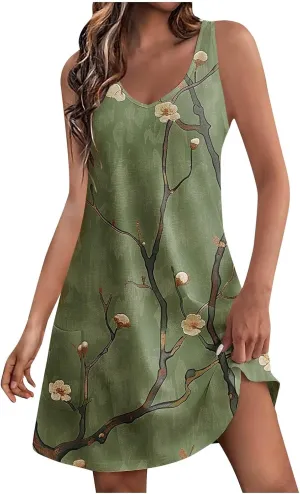 Women's Summer Casual Mini Dresses V-Neck Floral Print Beach Dress Beachwear Sleeveless Sundresses Boho Maxi Dress