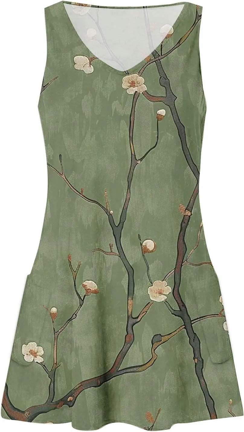 Women's Summer Casual Mini Dresses V-Neck Floral Print Beach Dress Beachwear Sleeveless Sundresses Boho Maxi Dress