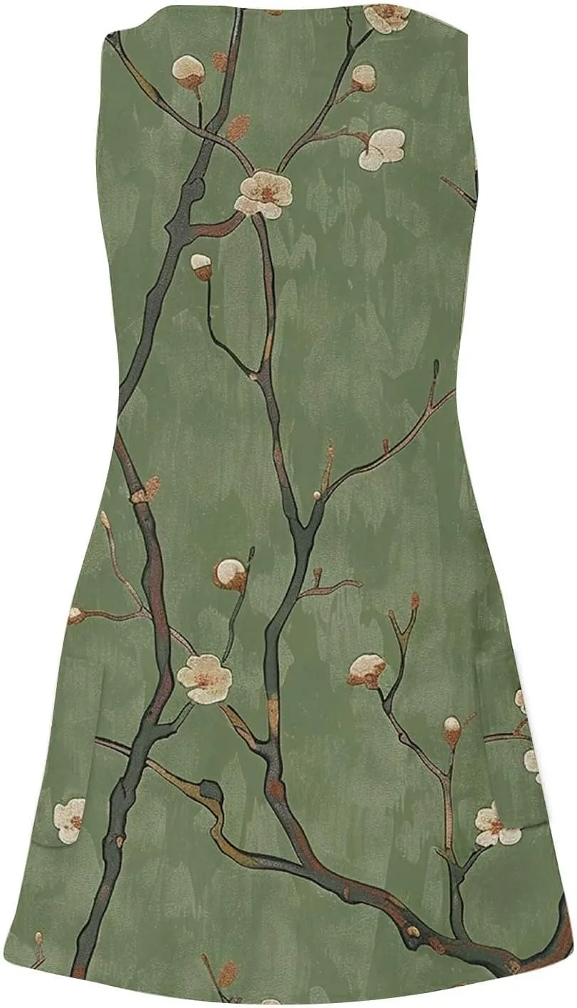 Women's Summer Casual Mini Dresses V-Neck Floral Print Beach Dress Beachwear Sleeveless Sundresses Boho Maxi Dress