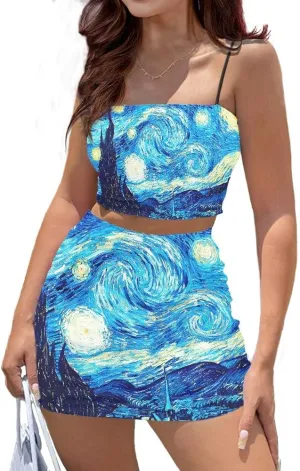 Women's Van Gogh Starry Night 3D Printed Spaghetti Strap Crop Top Outfit Two Piece Bodycon Mini Dress