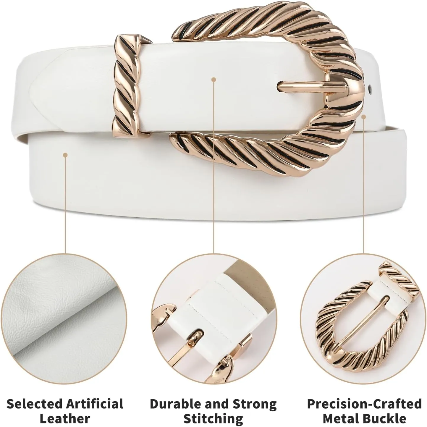 Womens White Belts with Gold Buckle Leather Belts for Women Ladies Fashion Waist Belt