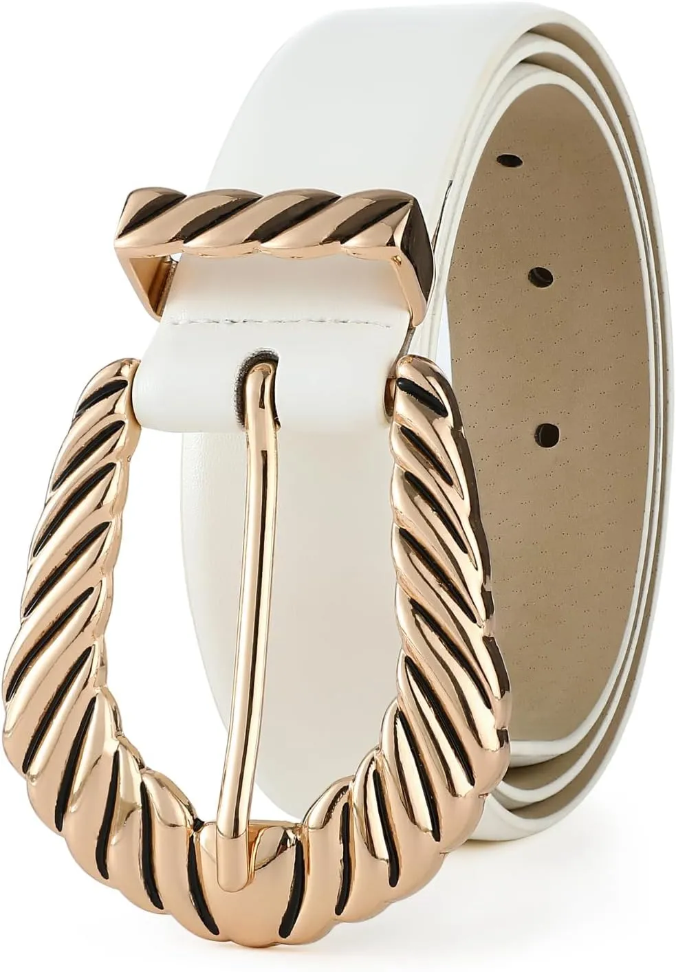 Womens White Belts with Gold Buckle Leather Belts for Women Ladies Fashion Waist Belt