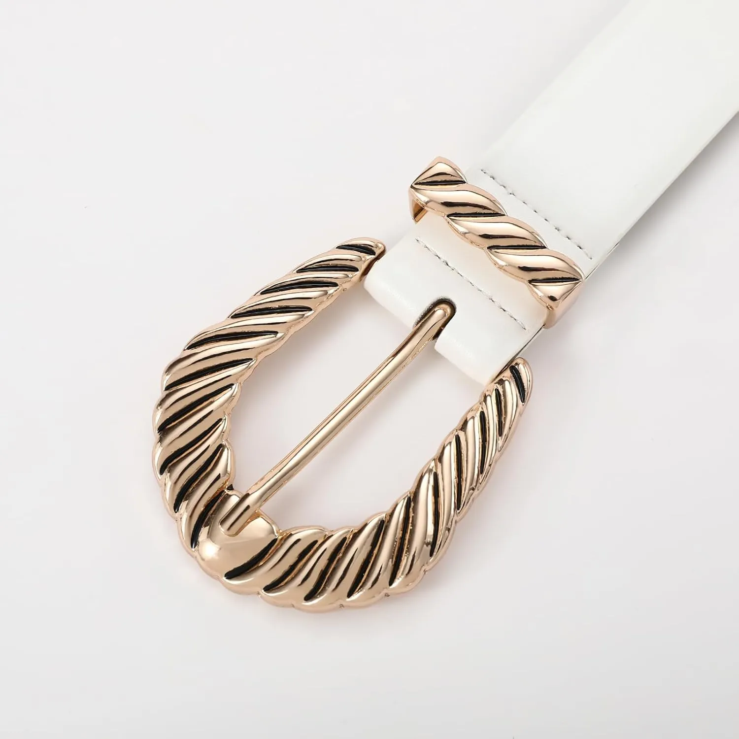 Womens White Belts with Gold Buckle Leather Belts for Women Ladies Fashion Waist Belt