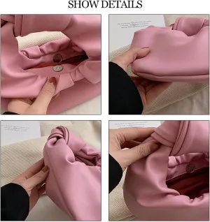 Women's Wrinkled Leather Cloud Shape Knotted Handbag Fashion Y2K Dumpling Underarm Hobo Clutch Purse for Party Shopping (Pink)