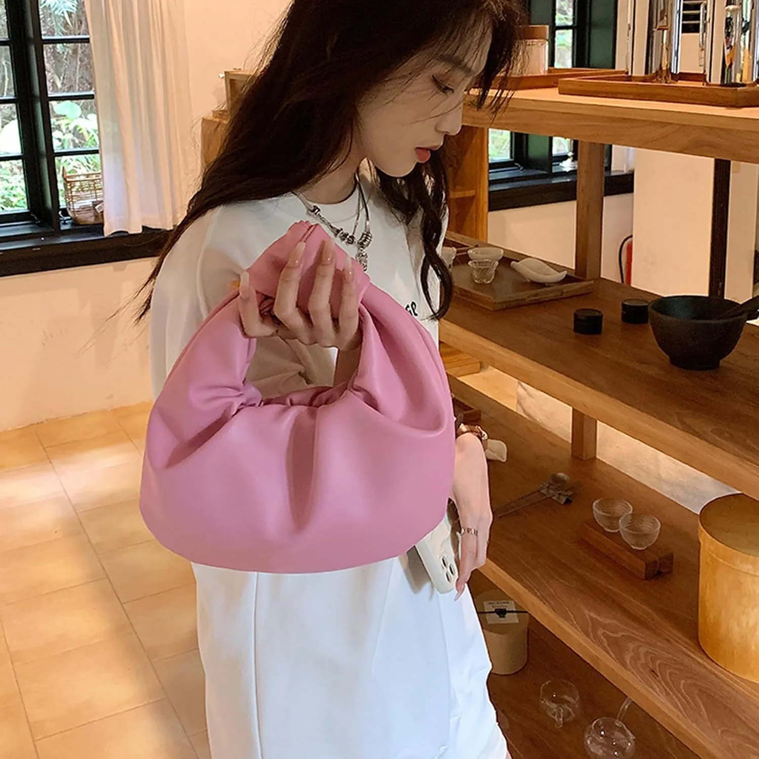 Women's Wrinkled Leather Cloud Shape Knotted Handbag Fashion Y2K Dumpling Underarm Hobo Clutch Purse for Party Shopping (White)