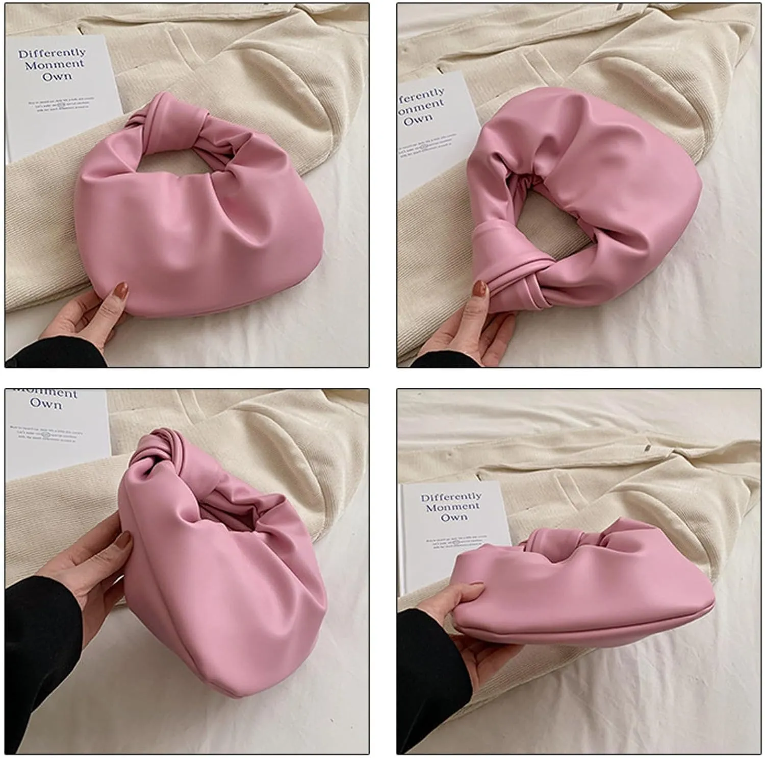 Women's Wrinkled Leather Cloud Shape Knotted Handbag Fashion Y2K Dumpling Underarm Hobo Clutch Purse for Party Shopping (White)