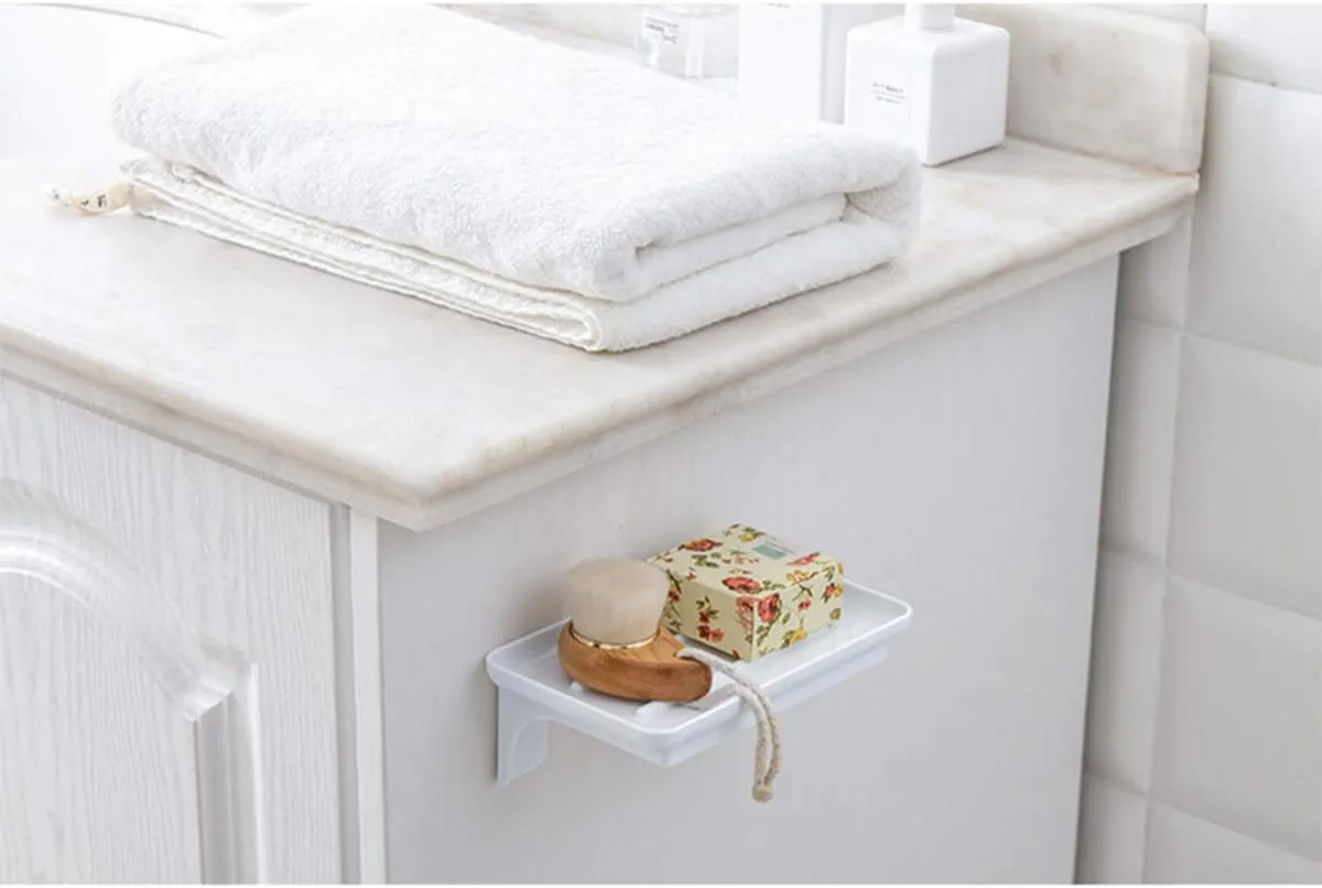 Wonder Shelf - Stick On Wall Mount Cell Phone Holder Stand - Small Plastic Adhesive Bathroom Shelves for Smartphone and Flushable Baby Wipes (2 Pack, White with Holes)
