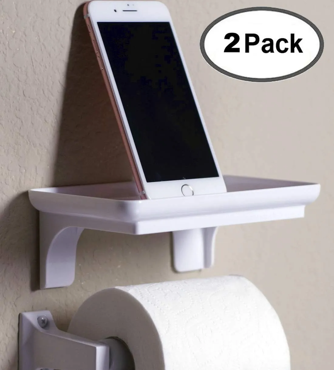 Wonder Shelf - Stick On Wall Mount Cell Phone Holder Stand - Small Plastic Adhesive Bathroom Shelves for Smartphone and Flushable Baby Wipes (2 Pack, White with Holes)