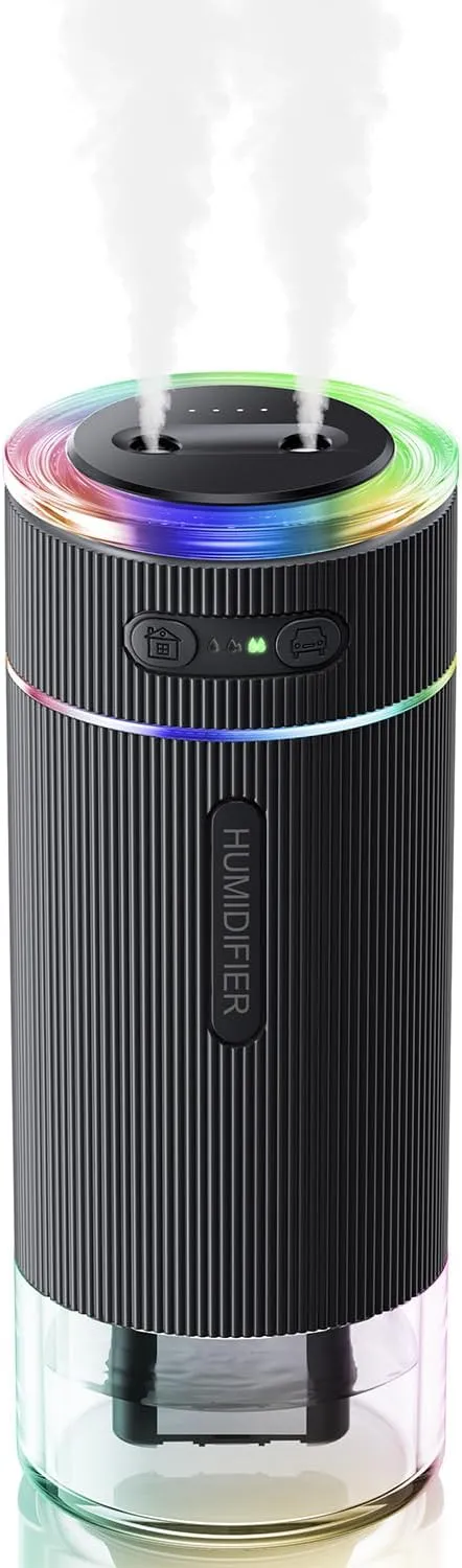 WSKEN Portable Small Humidifier for Bedroom - [Dual Nozzle Large Cool Mist] [Ambiance Lighting] [Car Smart On/Off] Ultrasonic Mini Personal Desk Air Humidifiers for Travel Office Baby Room,Black