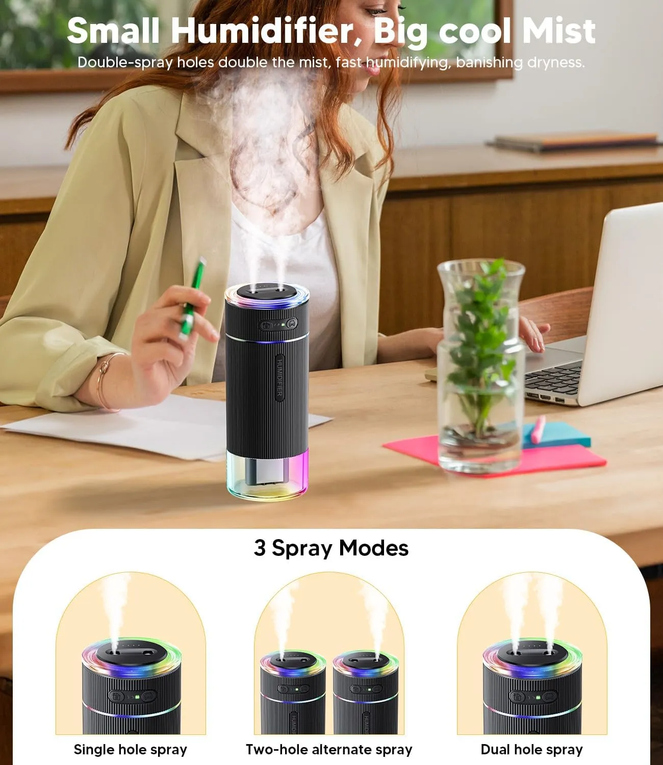WSKEN Portable Small Humidifier for Bedroom - [Dual Nozzle Large Cool Mist] [Ambiance Lighting] [Car Smart On/Off] Ultrasonic Mini Personal Desk Air Humidifiers for Travel Office Baby Room,Black