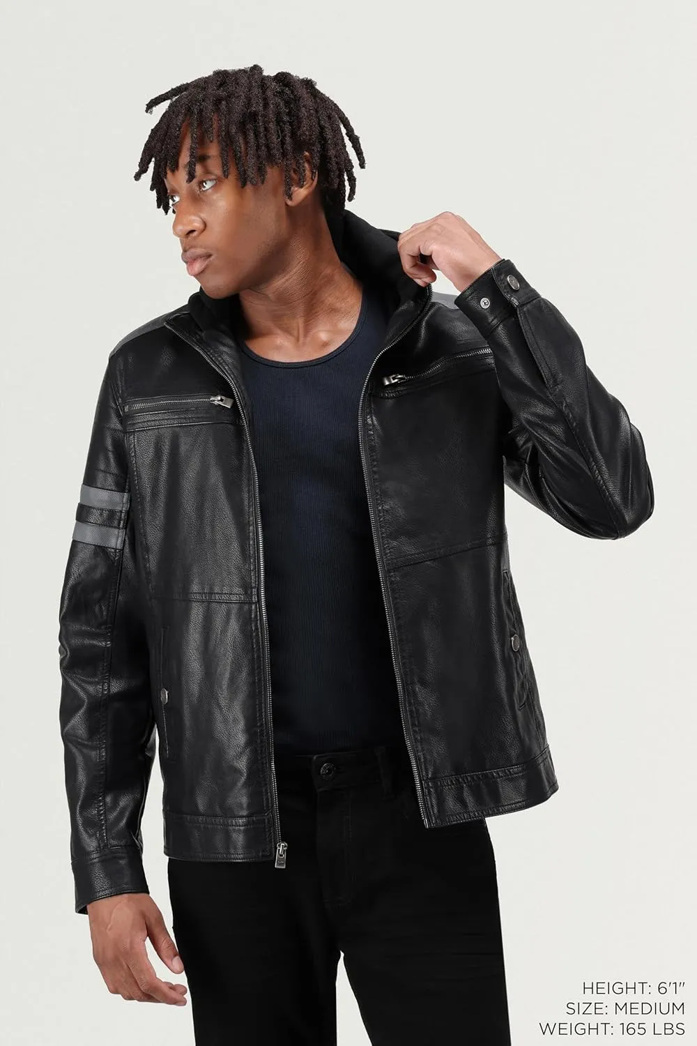 X RAY Mens Faux Leather Jacket with Hood, Hooded Stand Collar PU Leather Jacket for Men, Black, Large