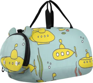 Yellow Submarines and Seaweed Sports Duffle Bag for Girls Boys, Gym Bag with Shoe Compartment, Kids Travel Overnight Weekender Shoulder Bag