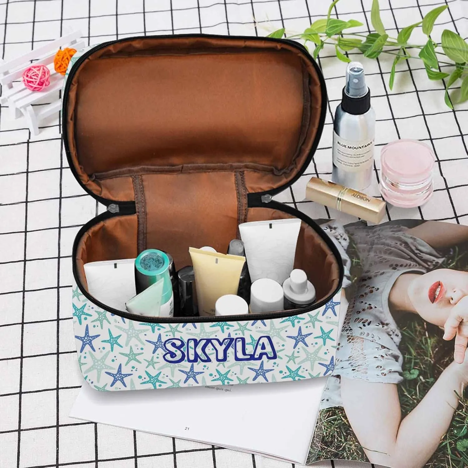 YESCUSTOM Personalized Makeup Bag Large Travel Cosmetic Bags for Girls Women Kids, Beach Starfish Waterproof Make up Organizer Case Toiletry Bag
