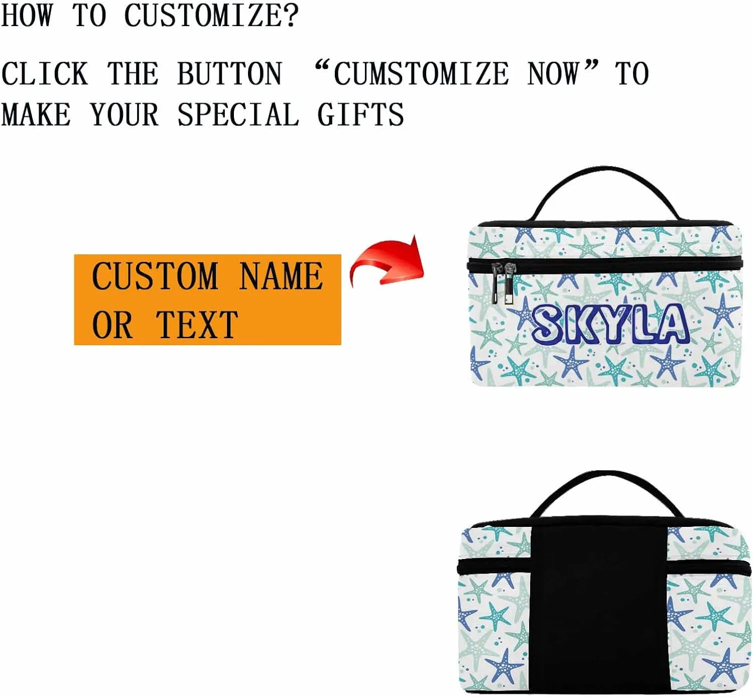 YESCUSTOM Personalized Makeup Bag Large Travel Cosmetic Bags for Girls Women Kids, Beach Starfish Waterproof Make up Organizer Case Toiletry Bag