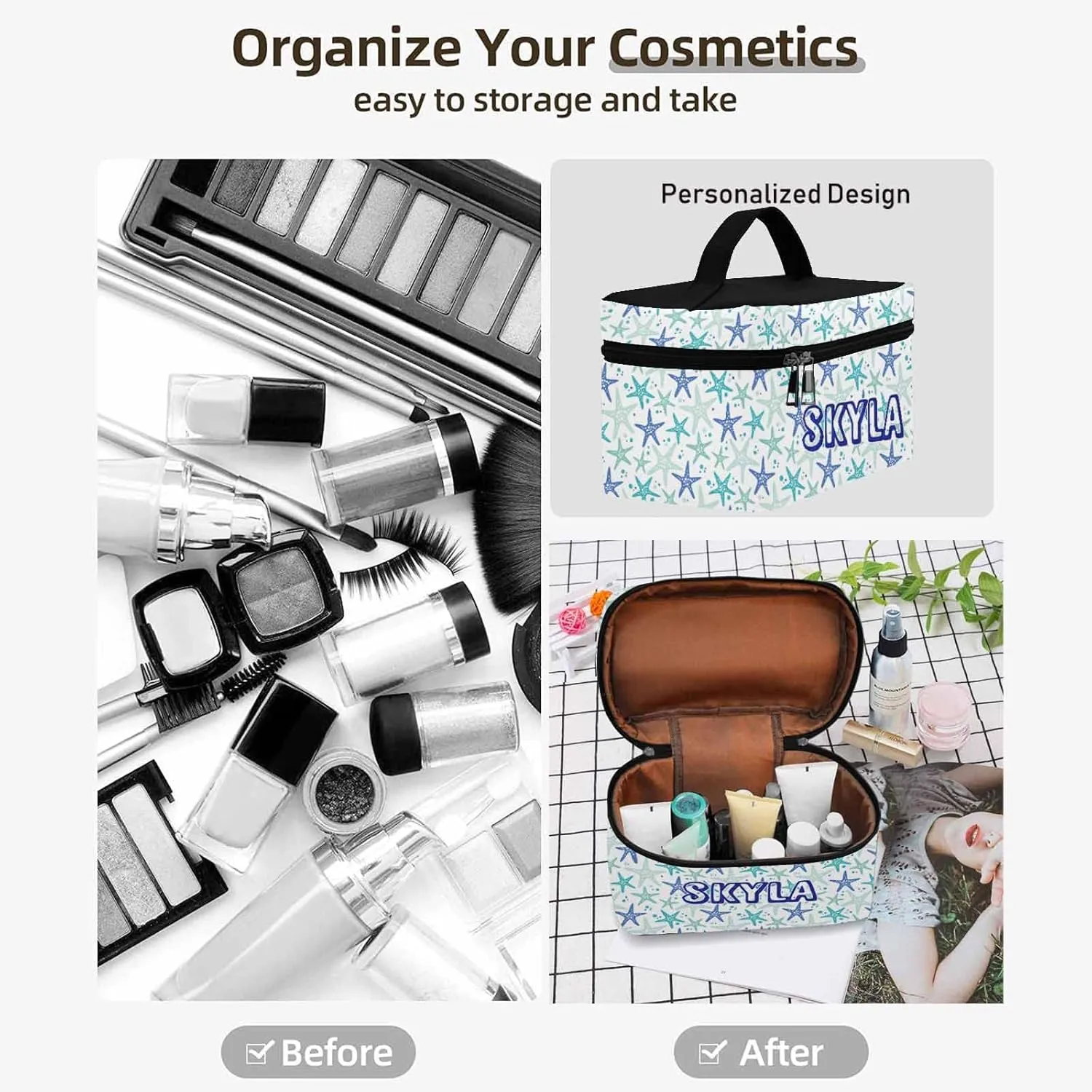 YESCUSTOM Personalized Makeup Bag Large Travel Cosmetic Bags for Girls Women Kids, Beach Starfish Waterproof Make up Organizer Case Toiletry Bag