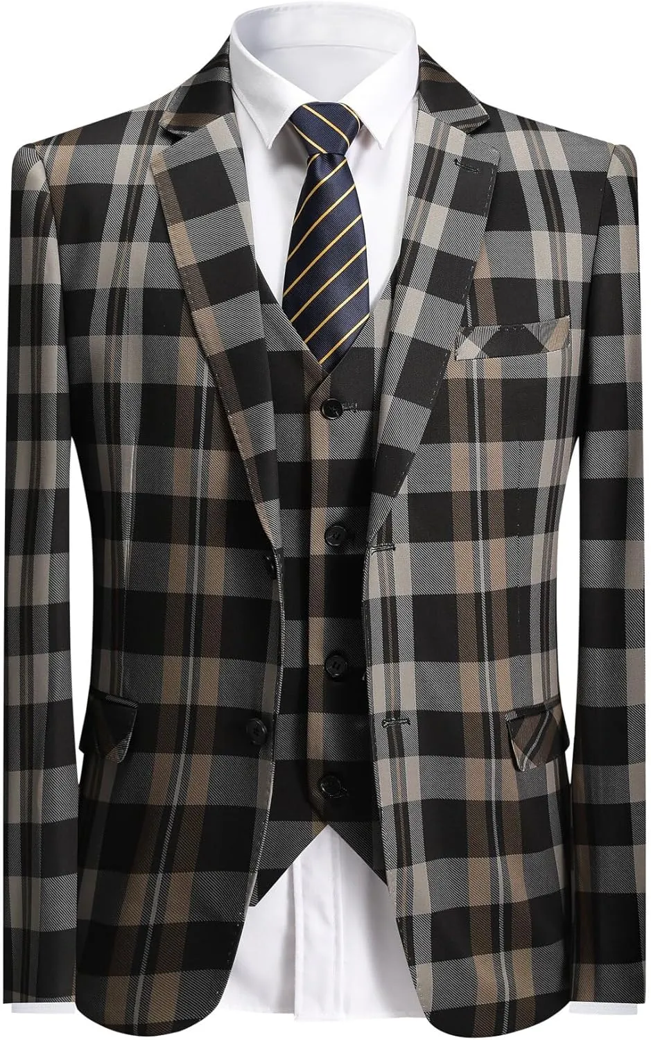 YFFUSHI Men's Plaid Tweed 3 Piece Suit Slim Fit Button Dinner Suit Tuxedo