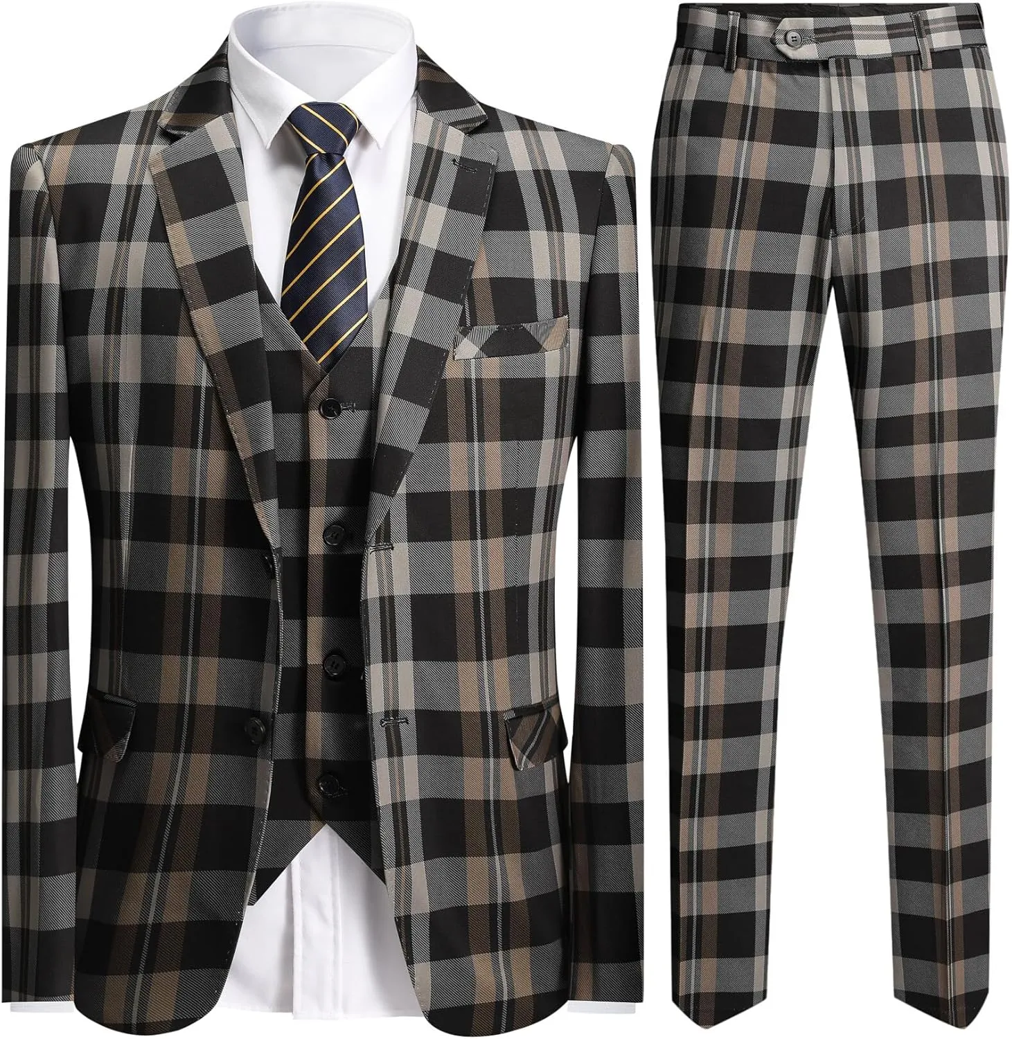 YFFUSHI Men's Plaid Tweed 3 Piece Suit Slim Fit Button Dinner Suit Tuxedo