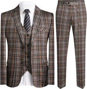 YFFUSHI Men's Plaid Tweed 3 Piece Suit Slim Fit Button Dinner Suit Tuxedo
